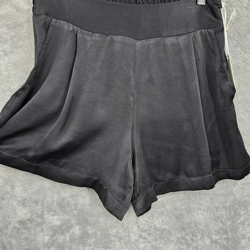 1 State On Point Satin Shorts S Black Flat Front Elastic Waist Zip High Rise New